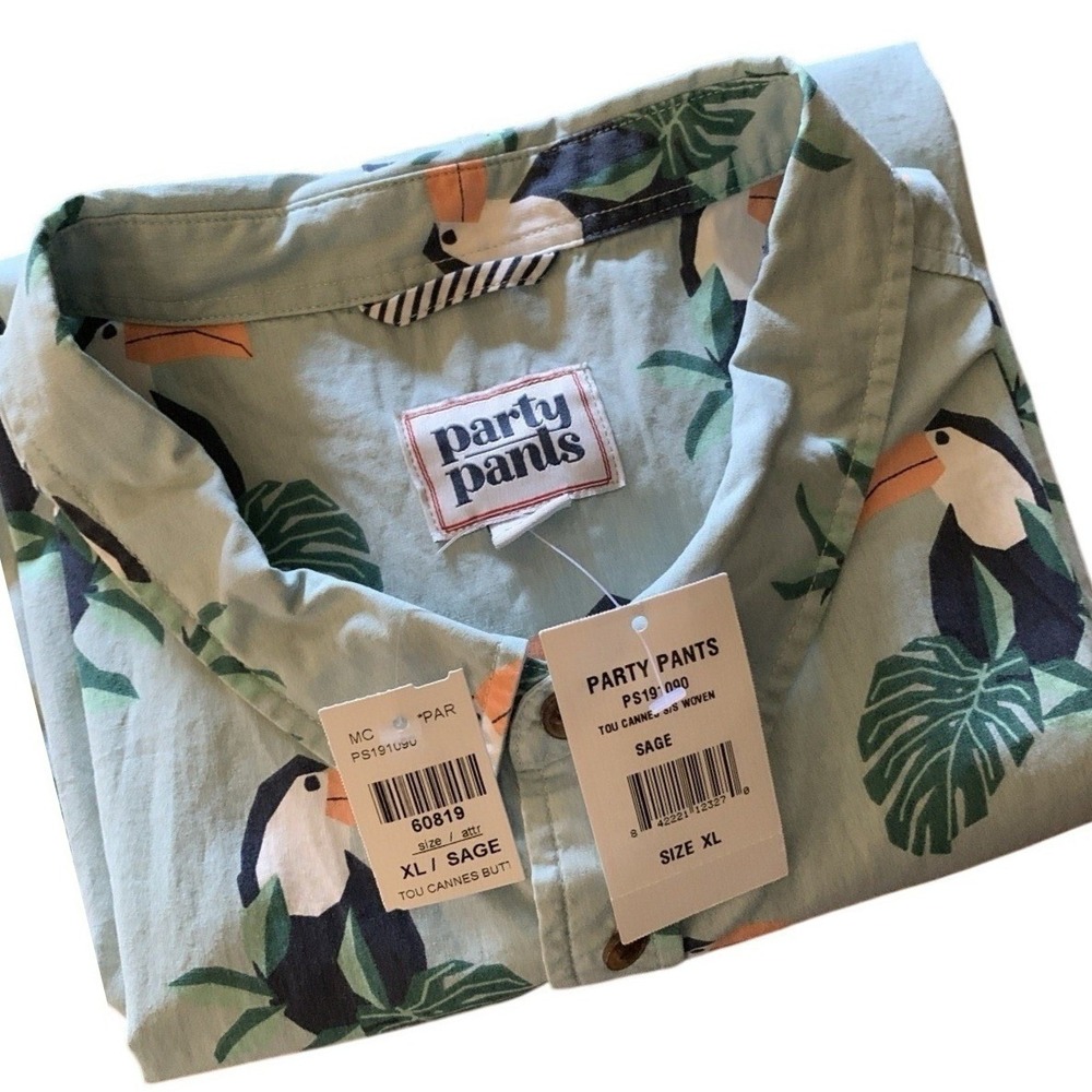 NWT Party Pants XL All Over Graphic Tropical Bird Print Short Sleeve Shirt